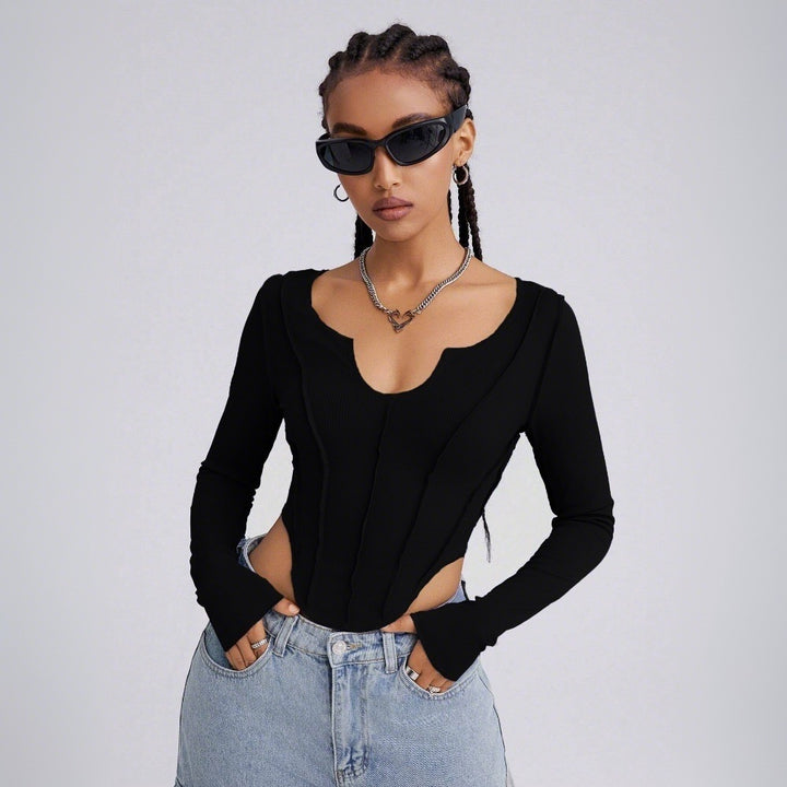 Damen Langarm-Bodysuit mit tiefem V-Ausschnitt und raffinierten Cut-Out-Details Drune