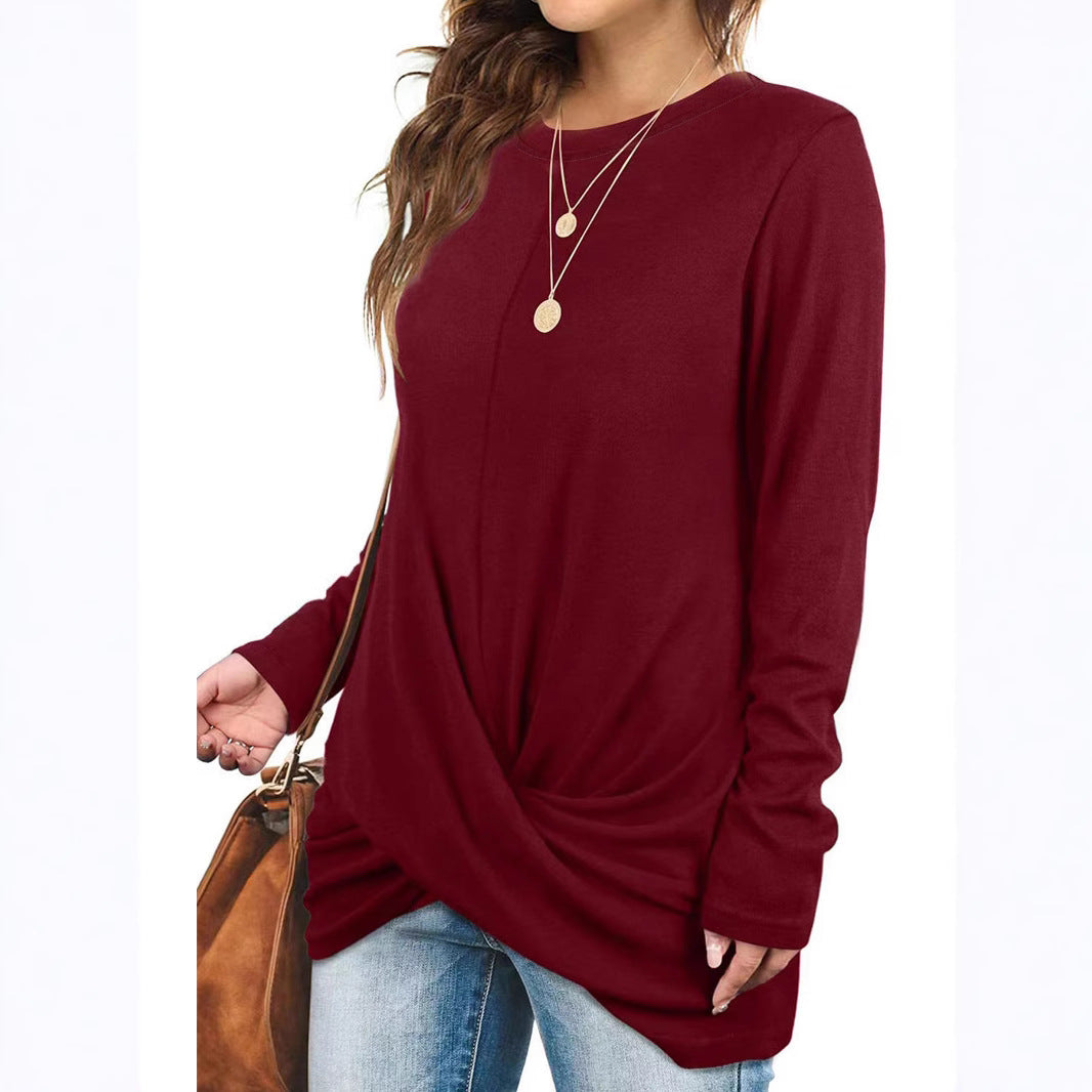 Damen lässiges Longsleeve Oberteil mit Wickeloptik und Rundhalsausschnitt Drune