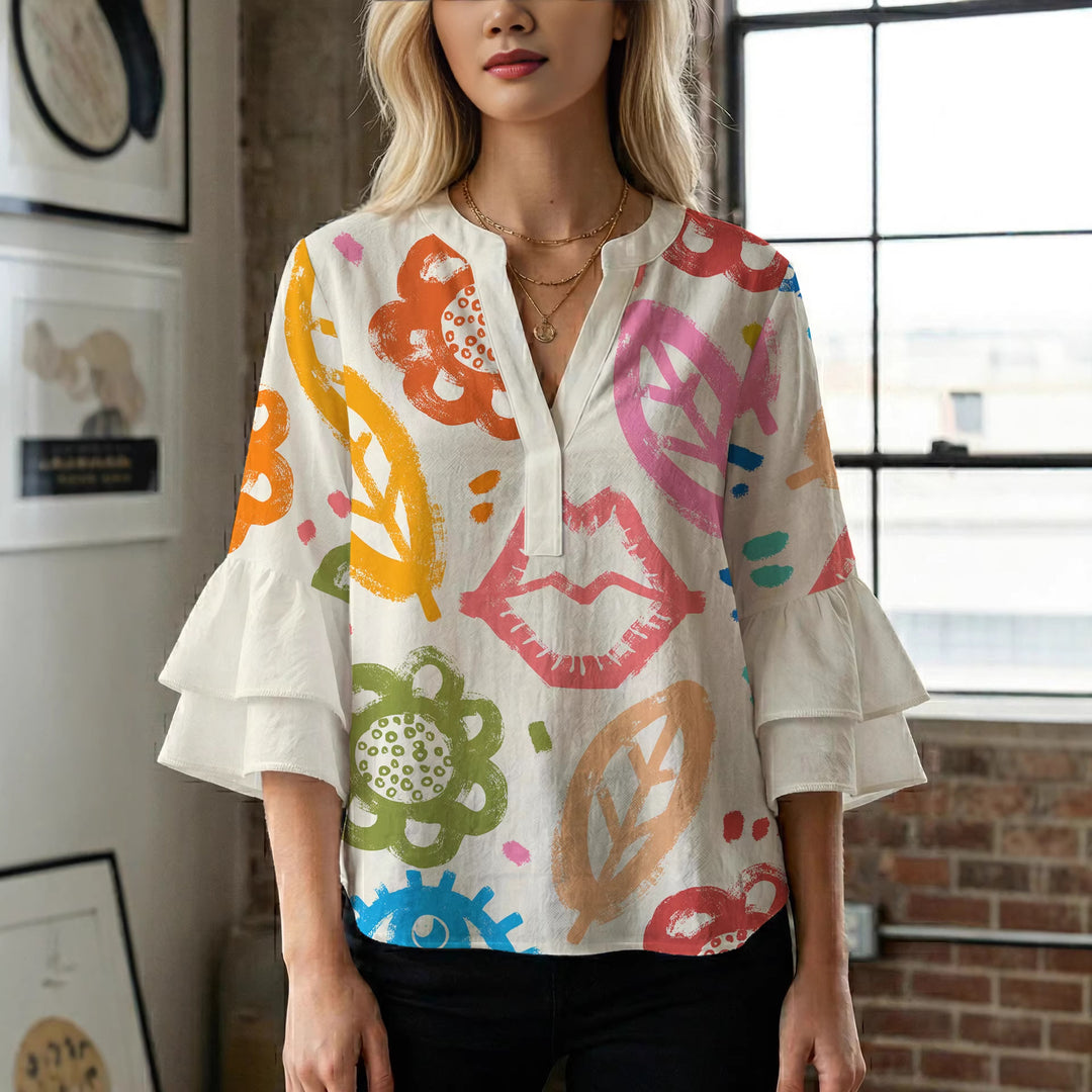 Damen Bluse mit voluminösen Rüschenärmeln und floralem Muster Drune
