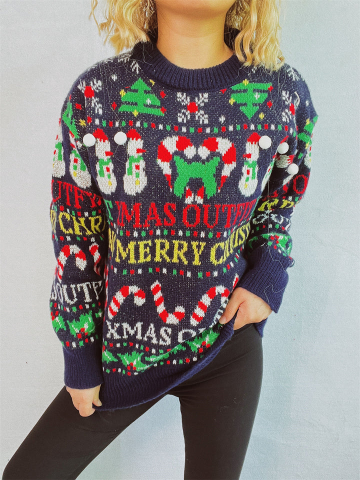 Damen weihnachtlicher Pullover mit bunten Motiven und lustigen Applikationen Drune