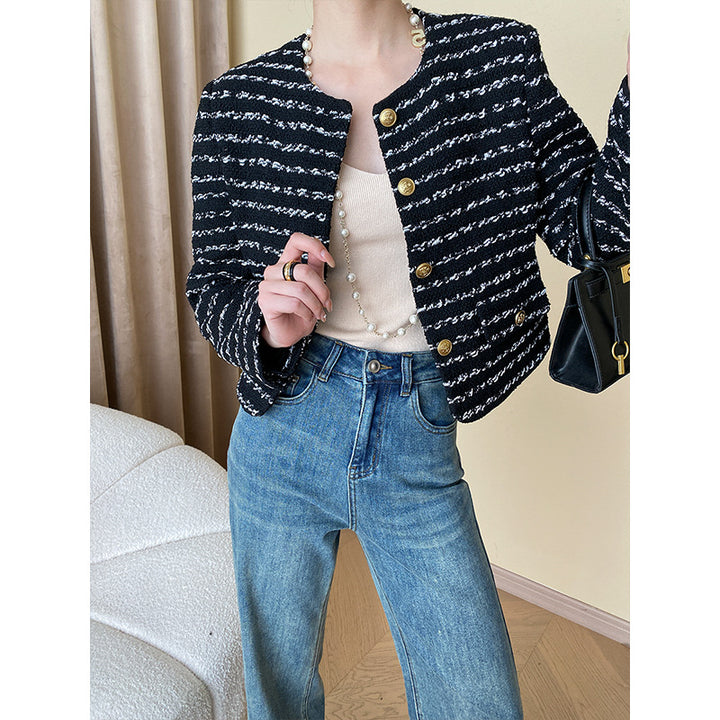 Damen elegante Bouclé-Jacke mit dekorativen Knöpfen Drune