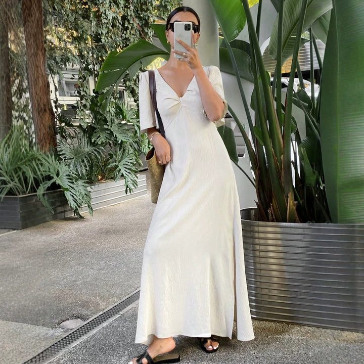 Damen Maxikleid mit fließenden Ärmeln und V-Ausschnitt Drune