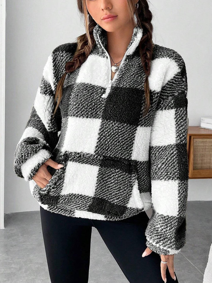 Damen nan kuscheliger Sherpa-Pullover mit Stehkragen, Half-Zip und Kängurutasche Drune