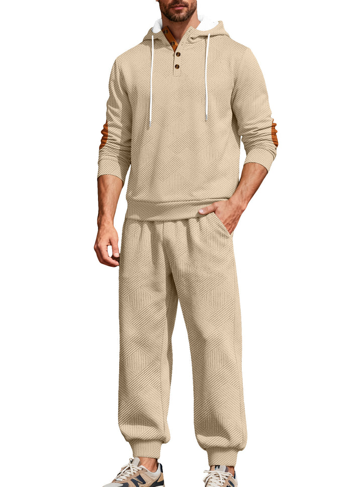 Herren nan strukturiertes Kapuzen-Joggingset mit Henley-Knopfleiste und Kontrast-Ellenbogenpatches Drune