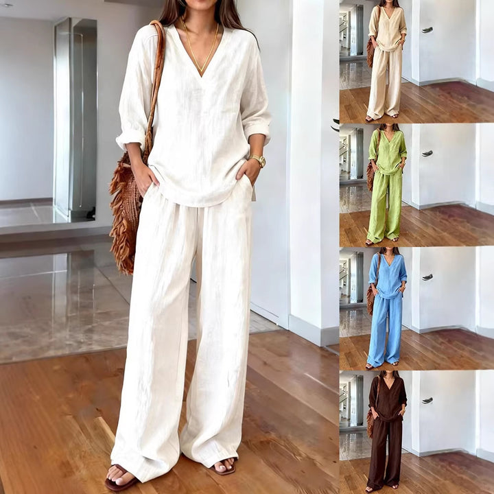 Damen Lässiges Leinenoberteil und weite Palazzo-Hosen Set Drune