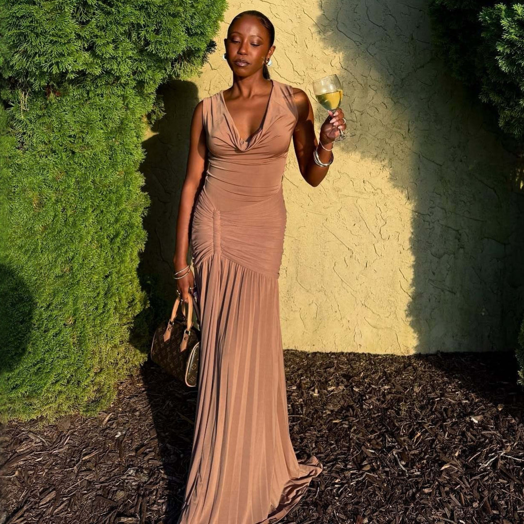 Damen Maxikleid mit eleganter Drapierung und schickem V-Ausschnitt Drune