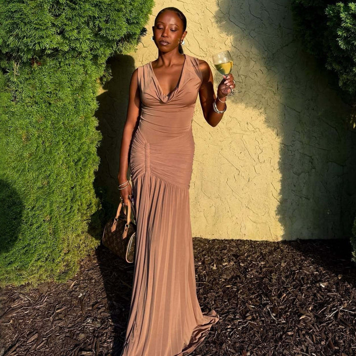 Damen Maxikleid mit eleganter Drapierung und schickem V-Ausschnitt Drune