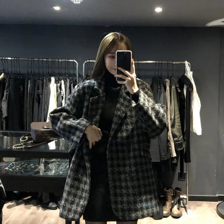 Damen Oversized Karomantel mit doppelter Knopfleiste Drune