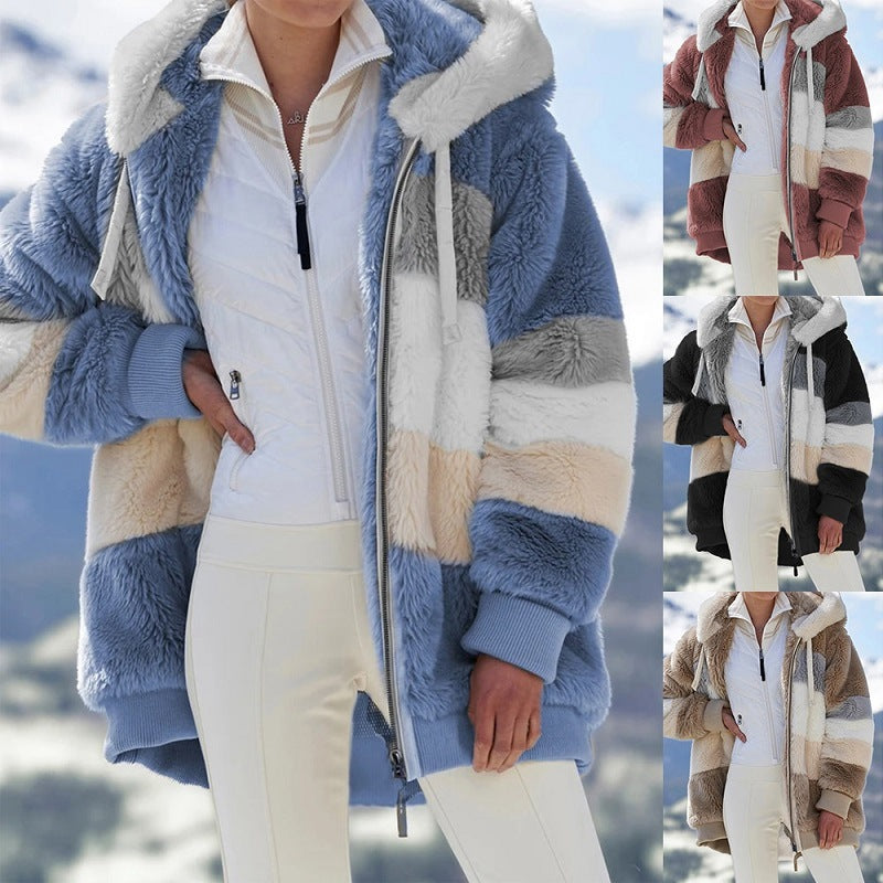 Damen nan oversized Kunstfell-Patchwork Kapuzenjacke mit Rippbündchen und Zweiwege-Reißverschluss Drune