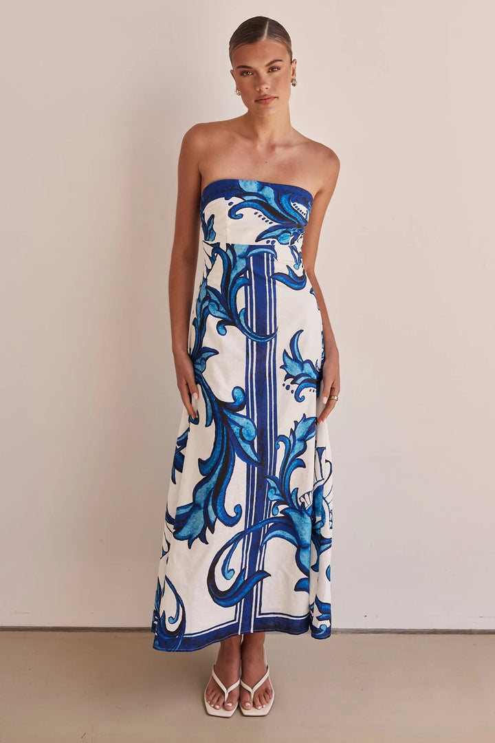 Damen Strapless Maxikleid mit floralem Design und elegantem A-Linien Schnitt Drune