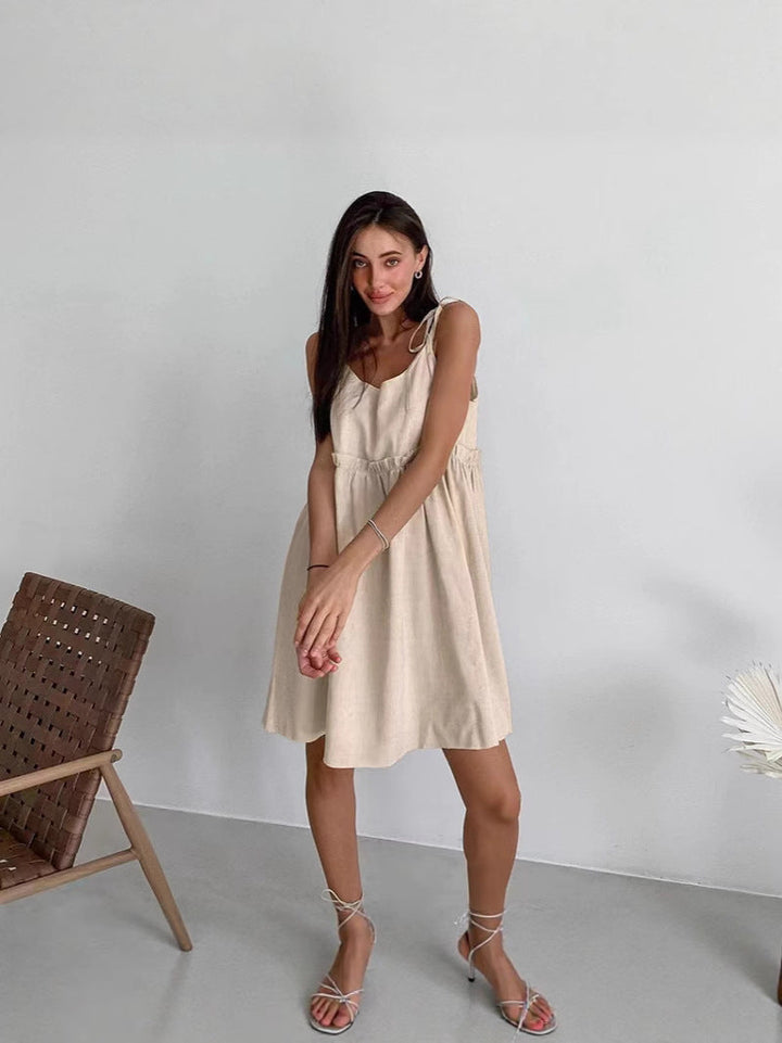 Damen lässiges Spaghettiträger-Kleid mit elastischem Bund und dekorativen Schleifen Drune