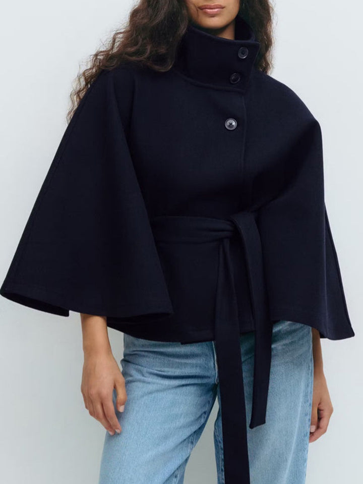 Damen stylische Umhangjacke mit hohem Kragen und Gürtel Drune