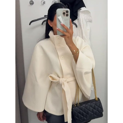 Damen elegante Cape-Jacke mit Knoten-Detail und voluminösen Ärmeln Drune
