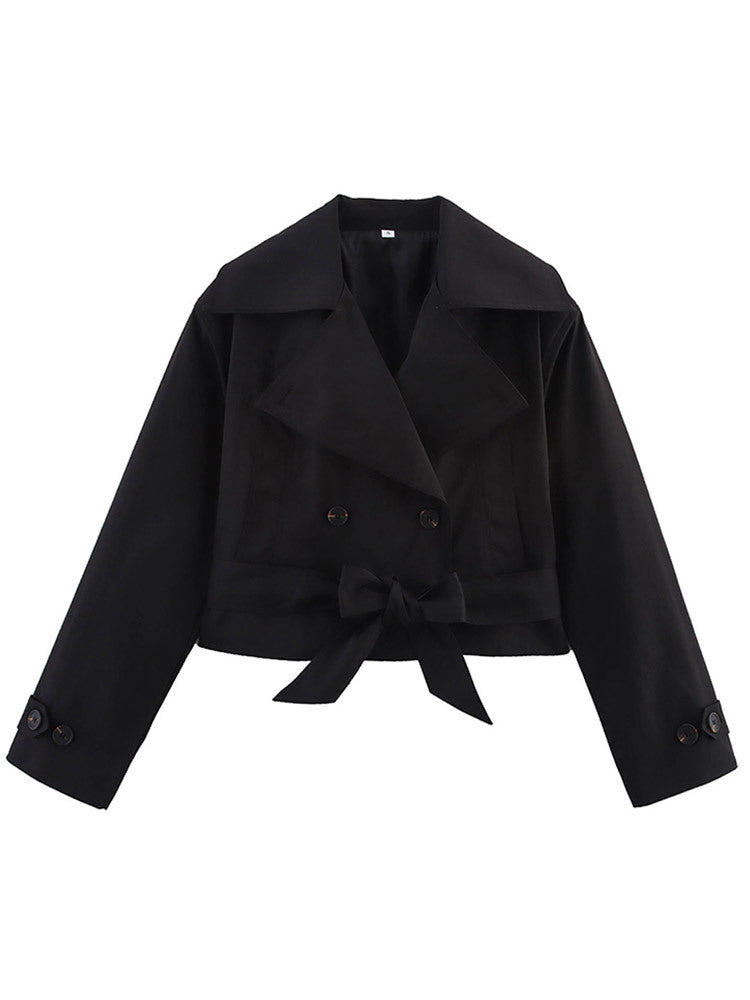 Damen Cropped Trenchcoat mit breitem Revers und Taillengürtel Drune