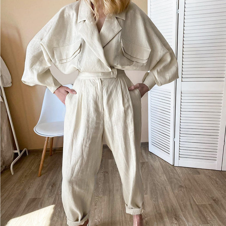 Damen modisches Leinen-Jumpsuit mit voluminösen Ärmeln und eleganter Bindegürtel Drune
