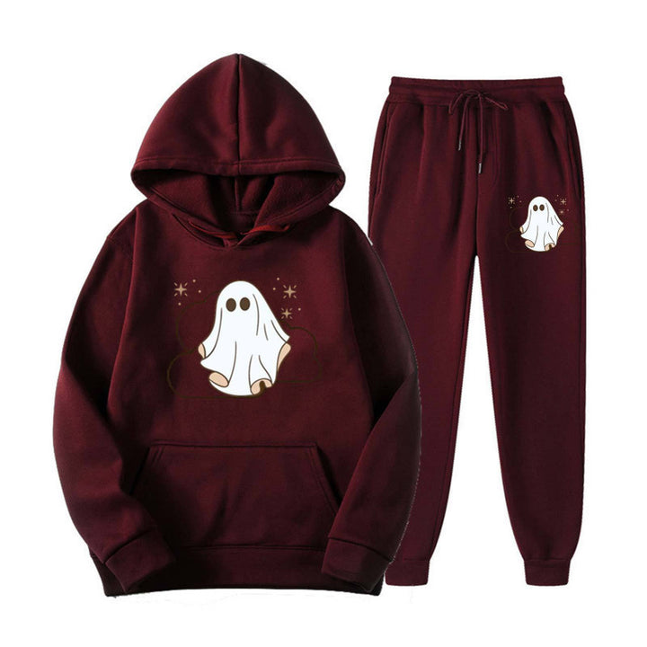 Unisex nan kuscheliger Kapuzenpullover und Jogginghose Set mit Halloween-Geistprint Drune