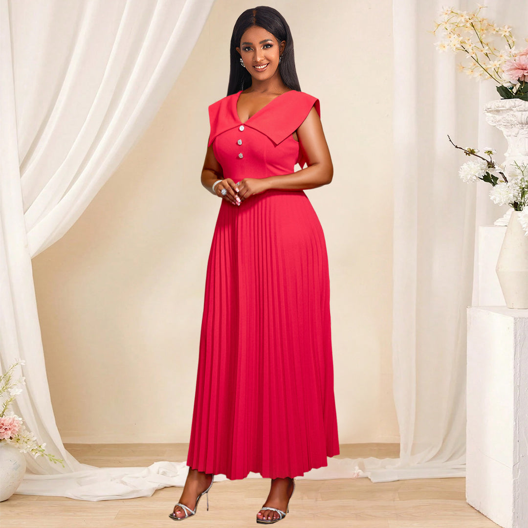 Damen plissiertes Maxikleid mit eleganten Knopfdetails Drune
