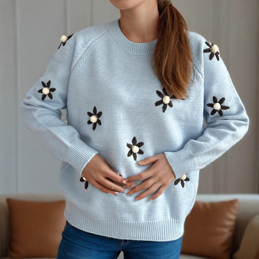 Damen Strickpullover mit floralen Applikationen und lässigem Schnitt Drune