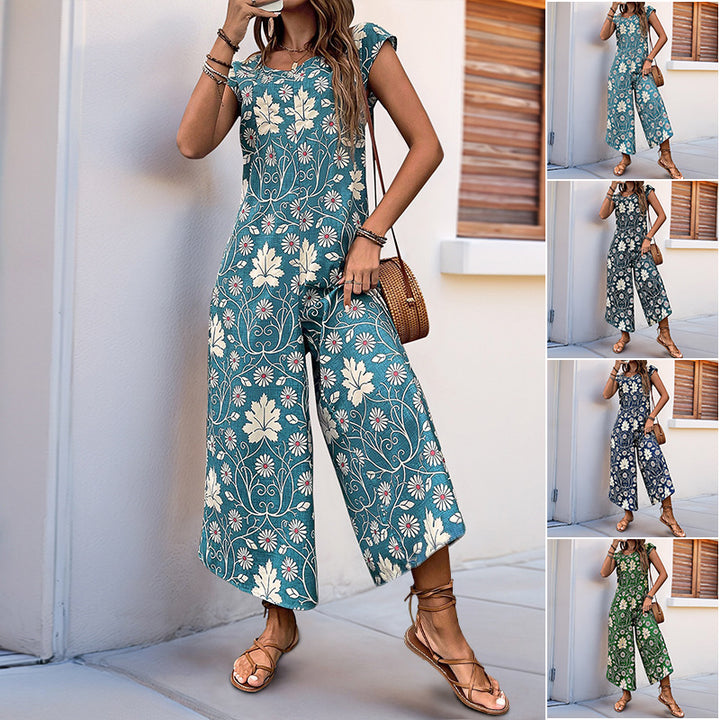 Damen lässiger Jumpsuit mit floralem Design und hohen Beinen Drune
