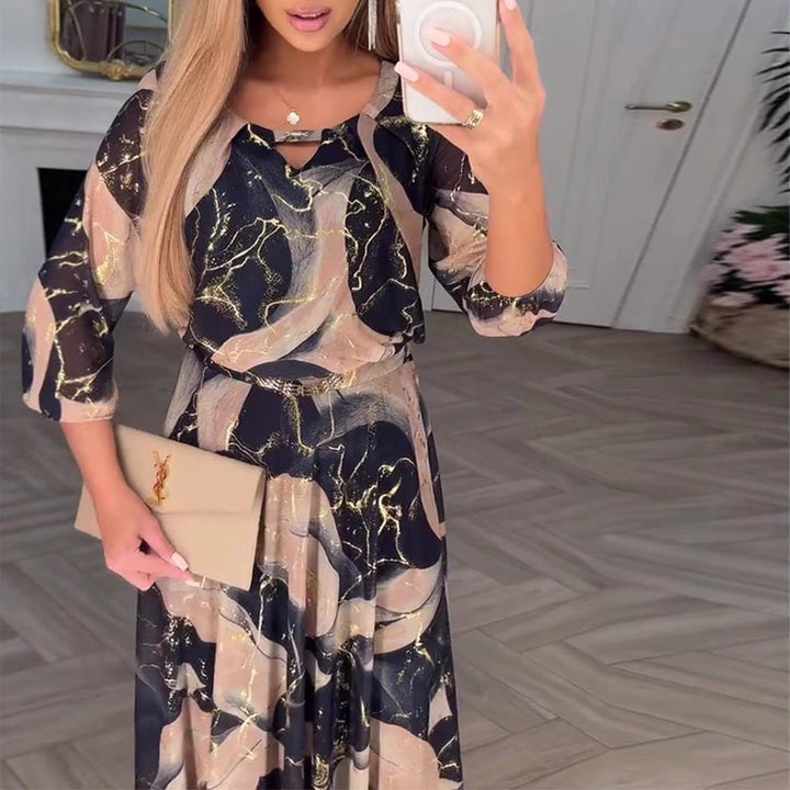 Damen nan Maxikleid mit abstraktem Marmorprint, Chiffon-Overlay, Schlüssel-Loch-Ausschnitt und elastischer Taillenpasse Drune