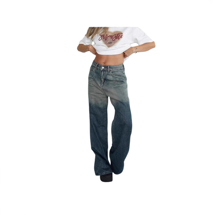 Damen lockere High-Waist Jeans mit angesagtem Farbverlauf und weitem Bein Drune