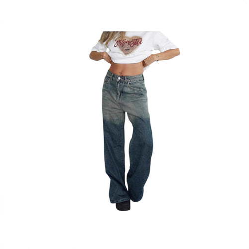 Damen lockere High-Waist Jeans mit angesagtem Farbverlauf und weitem Bein Drune
