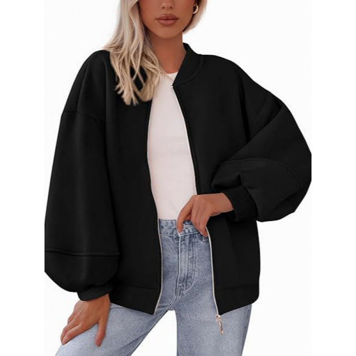 Damen lässige Oversized-Jacke mit Reißverschluss und ballonen Ärmeln Drune