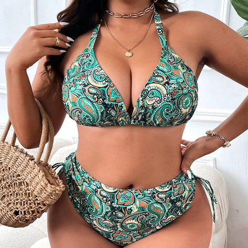 Damen Hochgeschnittener Triangel-Bikini mit floralen Mustern und verstellbaren Trägern Drune