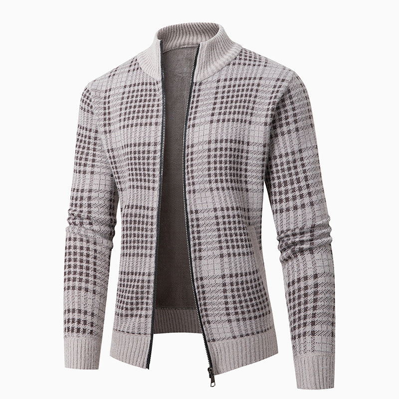 Herren modische Strickjacke mit modernem Karomuster und hohem Kragen Drune