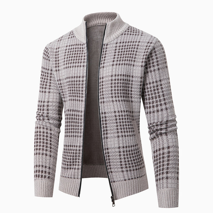 Herren modische Strickjacke mit modernem Karomuster und hohem Kragen Drune