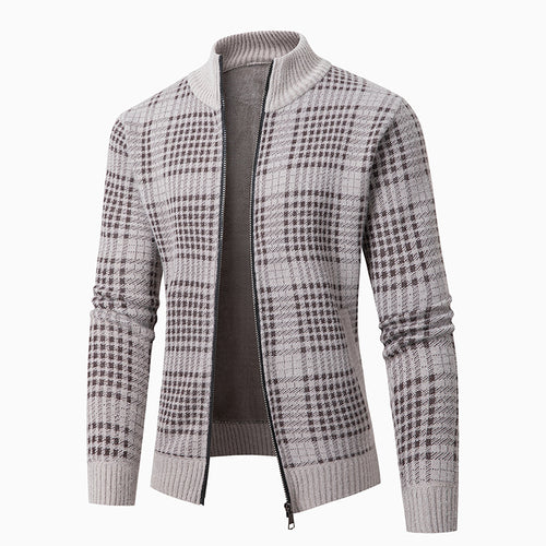 Herren modische Strickjacke mit modernem Karomuster und hohem Kragen Drune