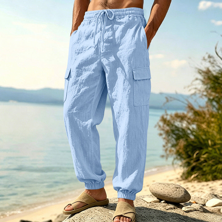 Herren nan leichte Cargo-Joggerhose aus Leinenmischung mit elastischem Tunnelzugbund, aufgesetzten Klappentaschen und gerippten Beinabschlüssen Drune