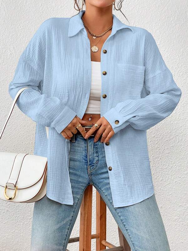 Damen Lässiges Overshirt mit Knopfleiste und Brusttasche Drune