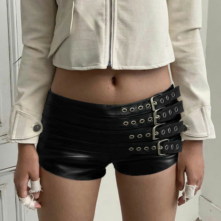 Damen Kunstleder Shorts mit dekorativen Schnallen und Schnürdetails Drune
