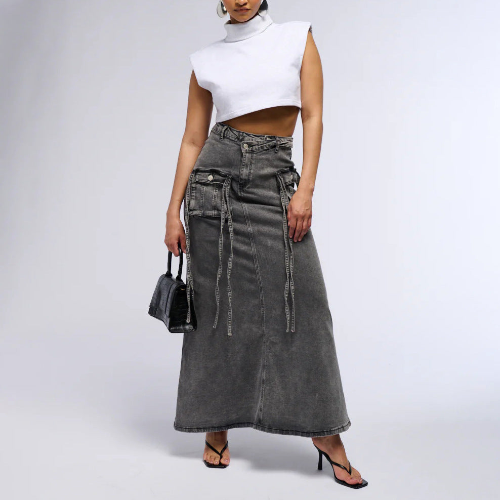 Damen Langer Denim-Rock mit hochgezoggtem Bund und praktischen Taschen Drune