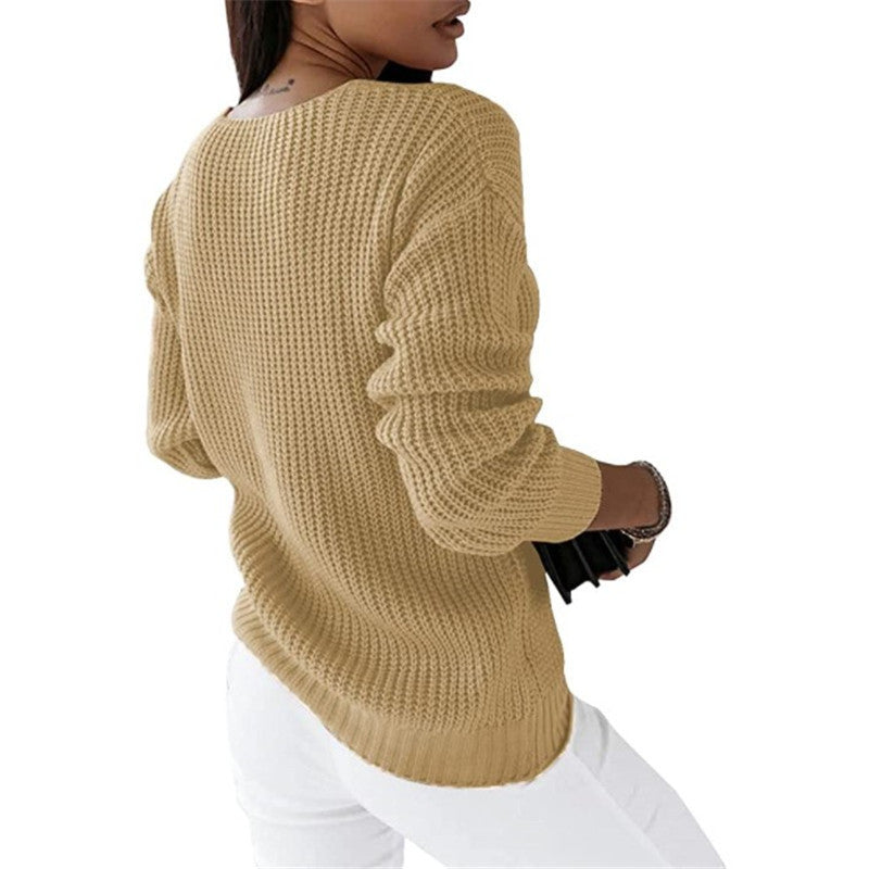Damen nan grob gestrickter V-Ausschnitt Pullover mit Zopfmuster und lockerer Silhouette Drune