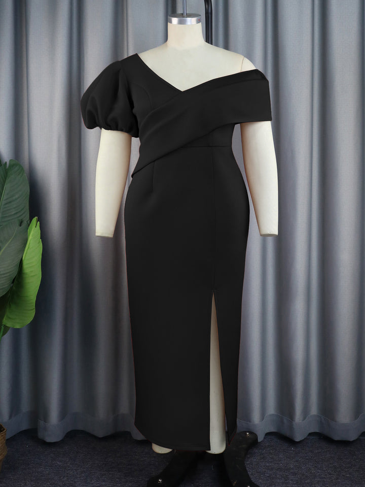 Damen Elegantes Maxikleid mit asymmetrischem Ausschnitt und voluminösen Puffärmeln Drune