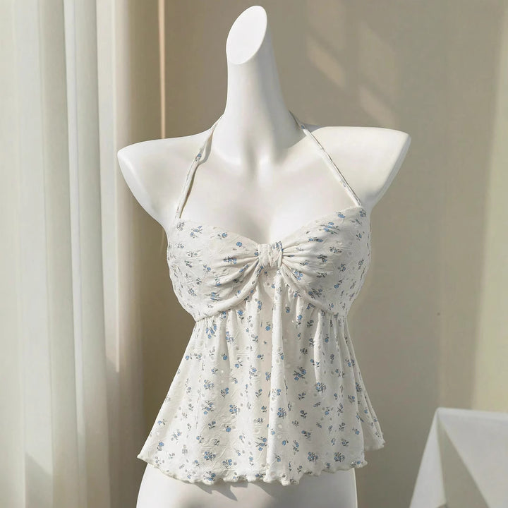 Damen romantisches Strandtop mit floralem Design und verspieltem Knoten Drune