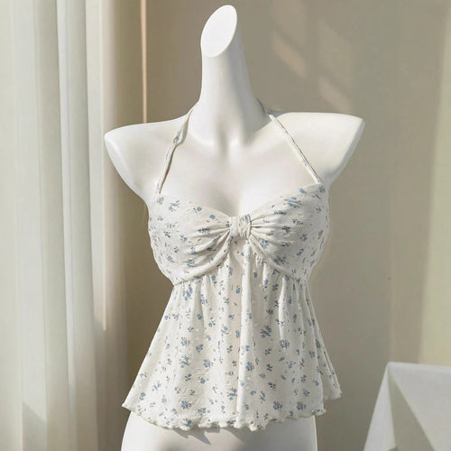 Damen romantisches Strandtop mit floralem Design und verspieltem Knoten Drune