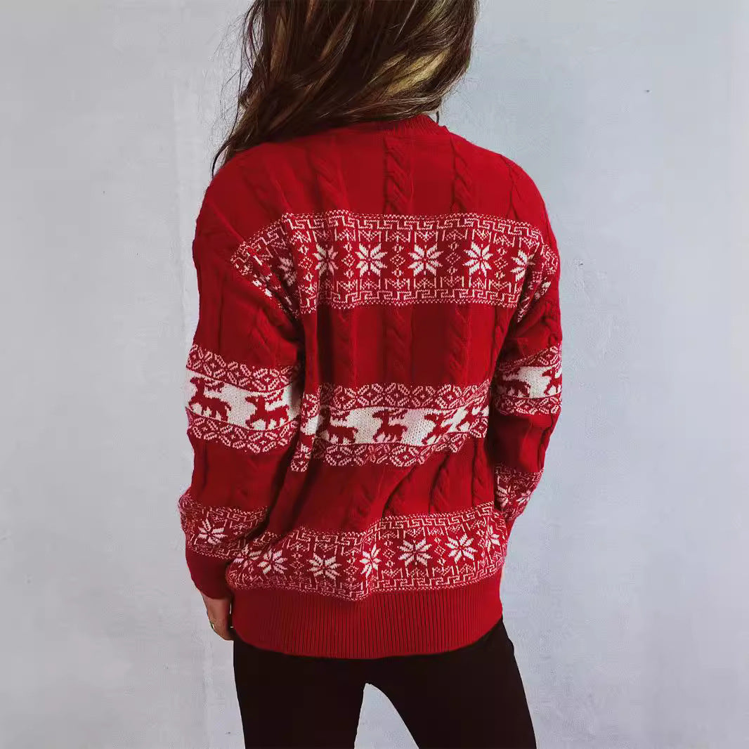 Damen Strickpullover mit festlichem Rentier-Motiv und Zopfmuster Drune