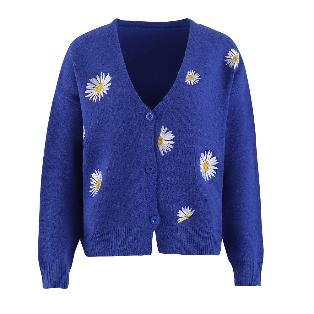 Damen Strickjacke mit Blumenstickerei und V-Ausschnitt Drune