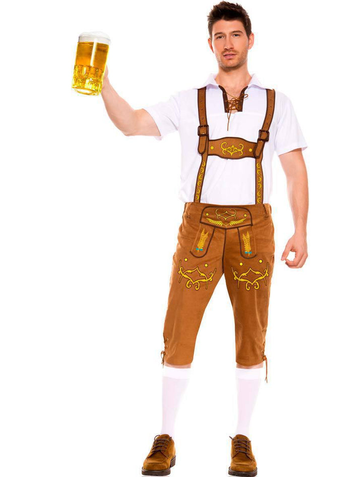 Herren nan kurze Trachtenlederhose mit verstellbaren Hosenträgern und besticktem Latz Drune