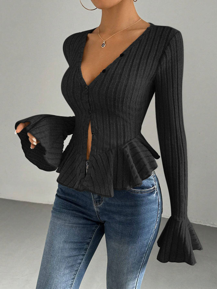 Damen modische Strickjacke mit taillierter Silhouette und dekorativen Rüschendetails Drune