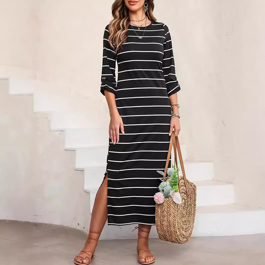 Damen Casual Streifenmaxikleid Drune