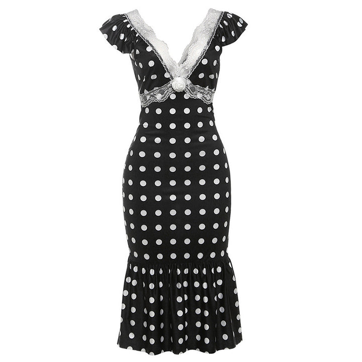 Damen Figurbetontes Polka-Dot Kleid mit Spitzenapplikation Drune