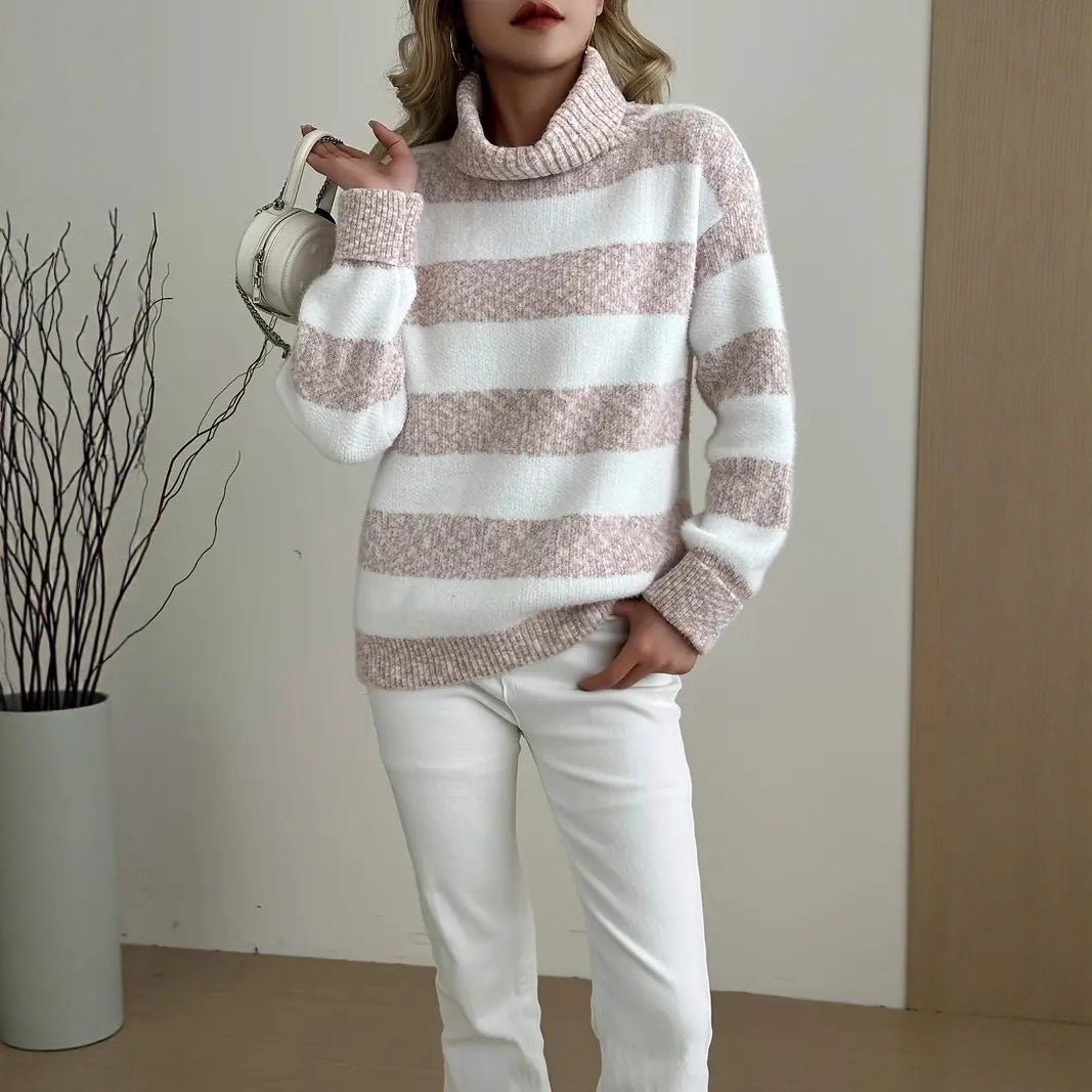 Damen Kuscheliger Pullover mit hohen Kragen und gestreiftem Design Drune