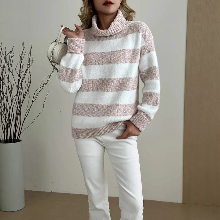 Damen Kuscheliger Pullover mit hohen Kragen und gestreiftem Design Drune