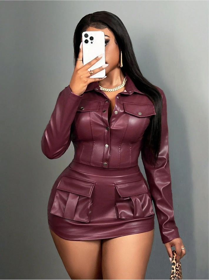 Damen Kunstleder Minikleid mit praktischen Klappentaschen Drune