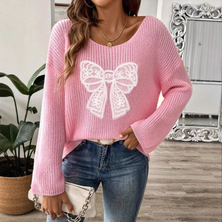 Damen Oversized Strickpullover mit romantischem Schleifenmotiv Drune