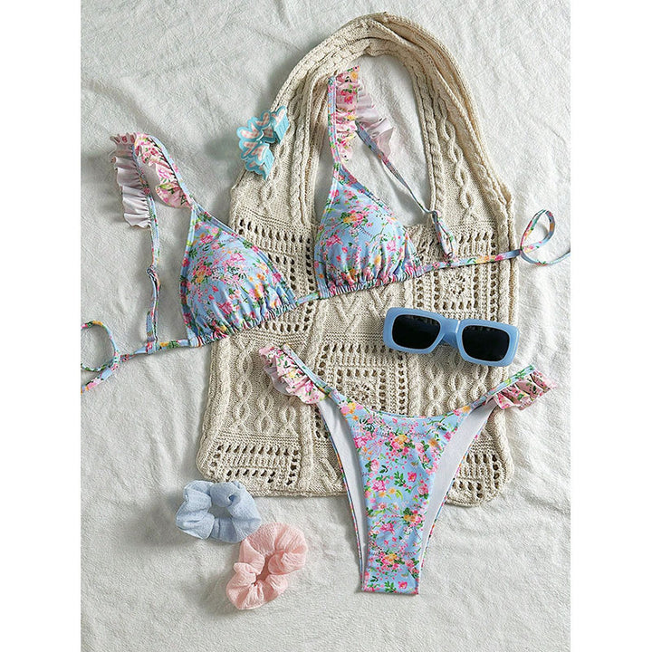 Damen Triangel-Bikini mit verspieltem Rüschendesign und floralem Muster Drune